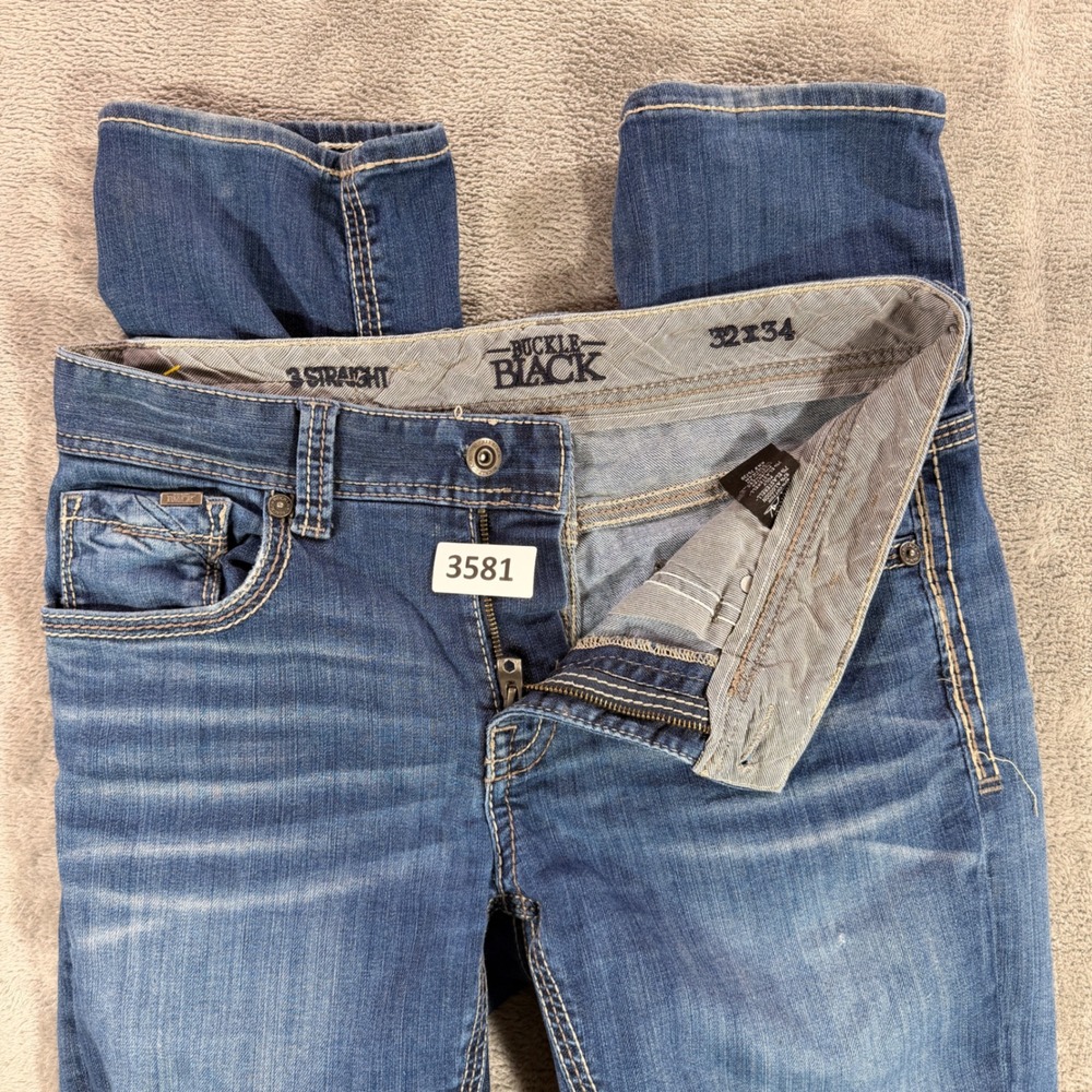 Buckle Black Jeans Mens 32x34 Blue Three Straight Leg Denim Embroidered Pockets
